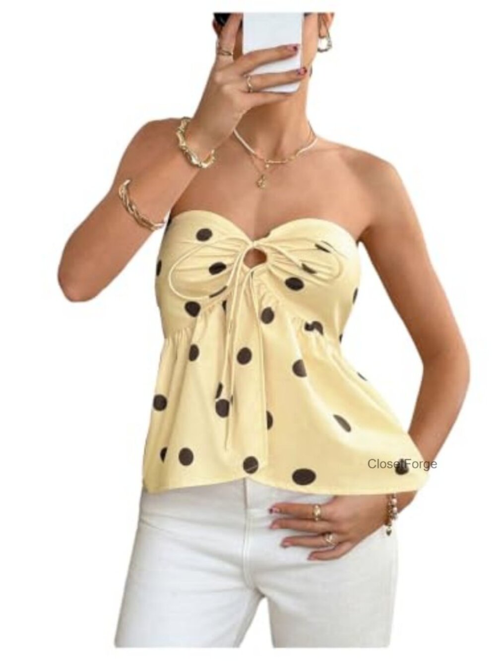 Polka Dots Strapless Tube Top Tie Front Smocked Backless Peplum